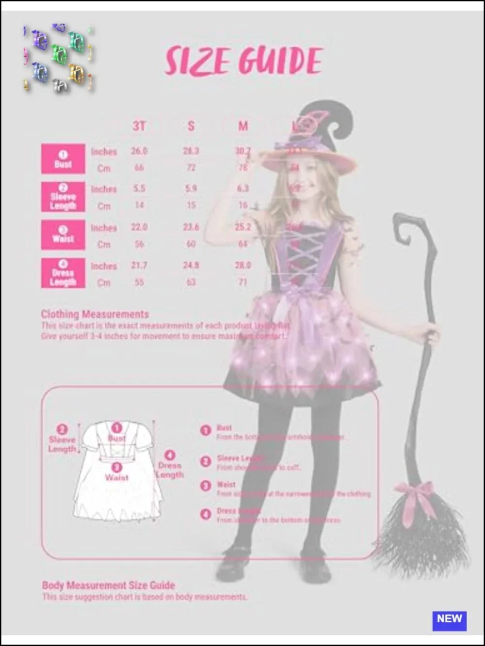 Girls Light Up Witch Costume with Hat and Broom for Halloween